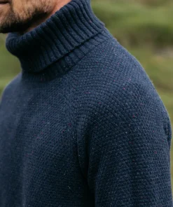 Hot Finisterre Men's Fishermans Roll Neck Knit Sweater Navy