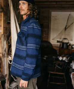 Shop Finisterre Men's Garrick Zip Overshirt NavyStripe